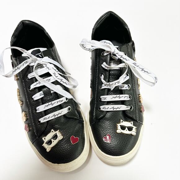 CATE PINS Karl Lagerfeld Paris Black Leather Sneakers Women’s Size 7 Cat Hearts - Picture 1 of 9